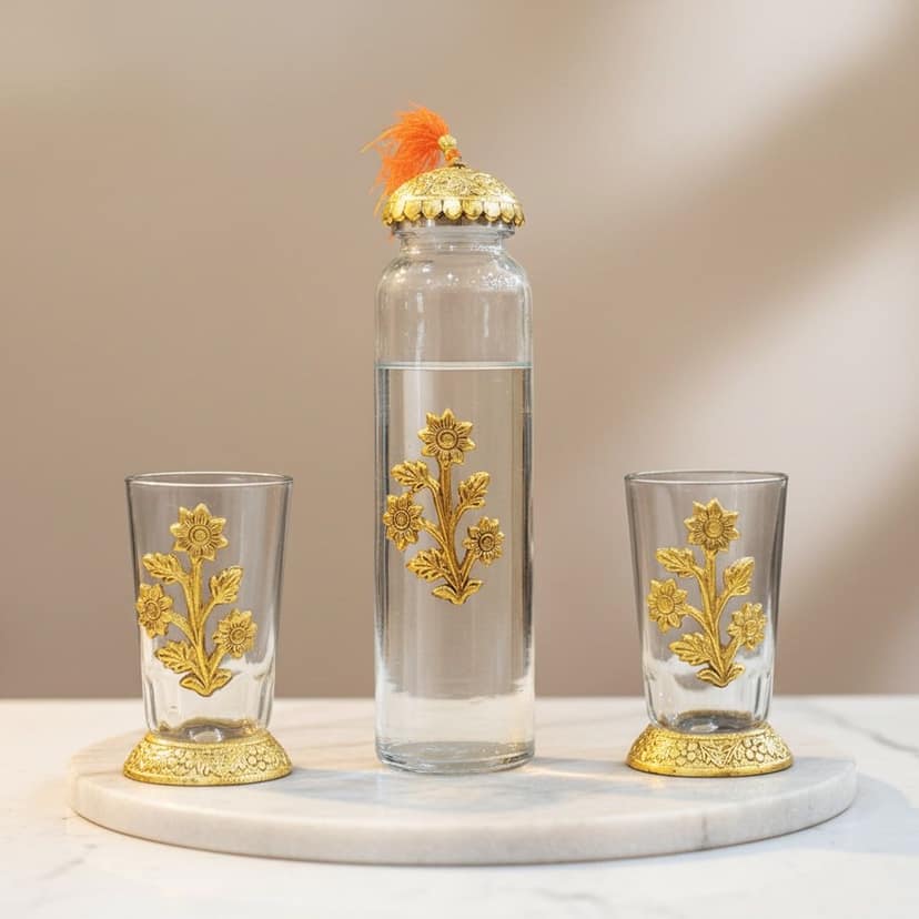 Aluminium Bottle with 2 Glass Set | Decorative Drinkware Gift Set, Height : 10.5 Inch (ASMAS537 D)
