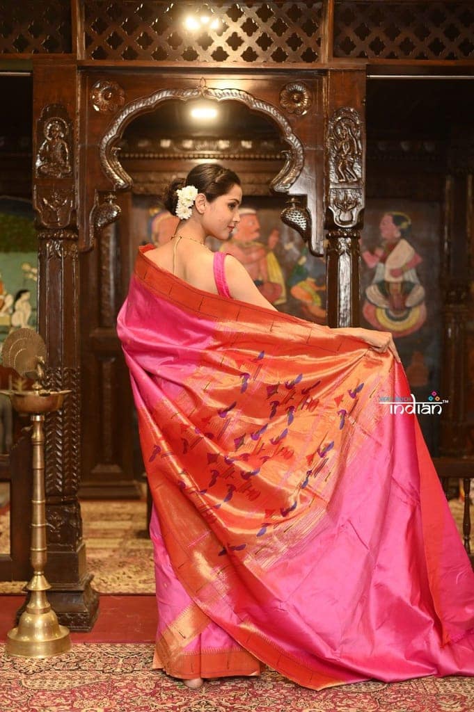 Exclusive Muniya Border - Authentic Handloom Pure Silk Muniya Border Paithani With Peacock Pallu~ Most Traditional Perfect Pink (Available in Nath Pallu) view 2