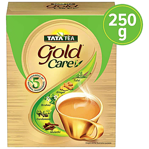 Tata Tea Gold Care, Rich In Taste, Goodness Of Elaichi, Ginger, Tulsi, Brahmi & Mulethi, Black Tea, 250 g