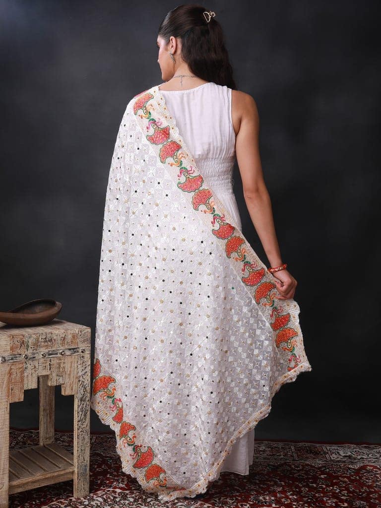 White Phulkari Dupatta from Punjab with Multicolor Pair Of Peacock Embroidered Motif and Bead-Mirror Work view 3
