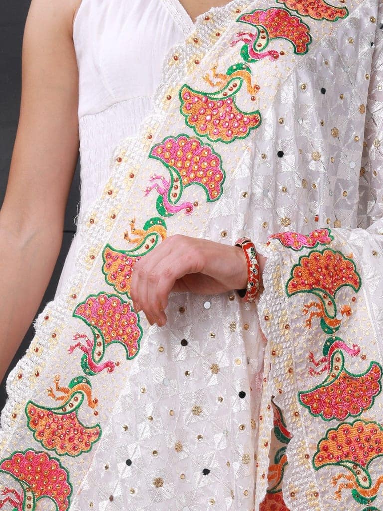 White Phulkari Dupatta from Punjab with Multicolor Pair Of Peacock Embroidered Motif and Bead-Mirror Work view 4