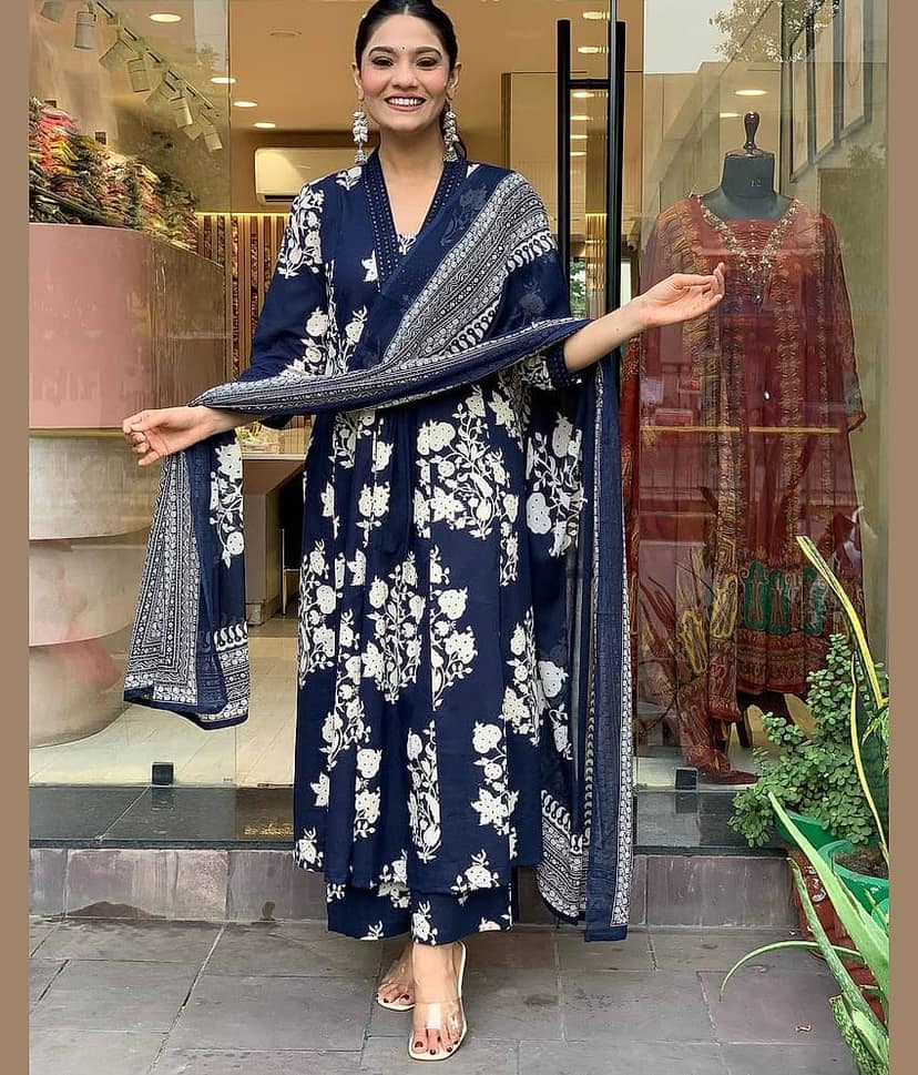 S & D Attire Rayon Printed Kurti With Pants Women's Stitched Salwar Suit - Blue ( Pack of 1 )