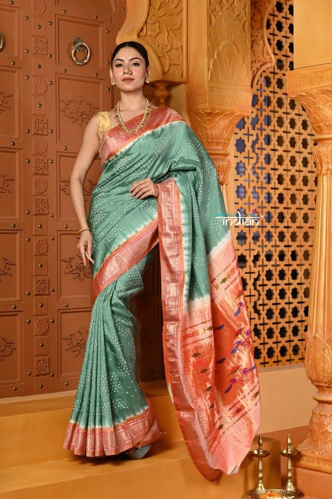 Shubh ~ Handloom Pure Silk Paithani with All Over Hand Bandhani in Teal Green with Double Pallu view 2