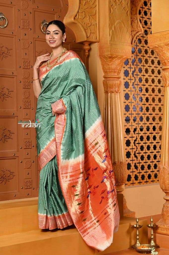 Shubh ~ Handloom Pure Silk Paithani with All Over Hand Bandhani in Teal Green with Double Pallu view 3