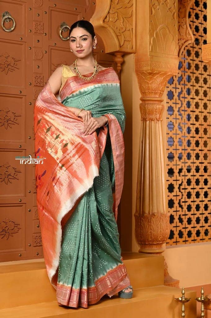 Shubh ~ Handloom Pure Silk Paithani with All Over Hand Bandhani in Teal Green with Double Pallu view 5