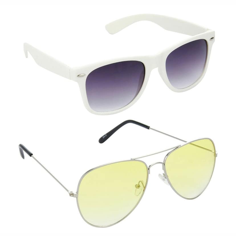 HRINKAR Men Women Boys & Girls Pilot & Rectangular Sunglasses White & Silver Frame, Grey & Yellow Lens (Medium) Pack of - 2