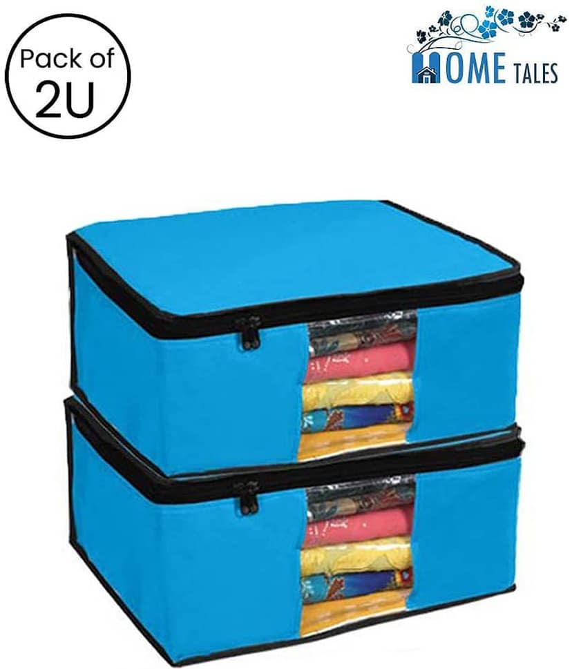 Saree Cover / Cloth Storage & Organizer with Transparent Window,Blue (Pack of 2)