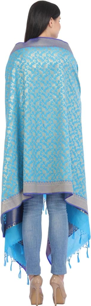 Cyan-Blue Banarasi Brocaded Zari Thread Dupatta with Floral Weave view 3