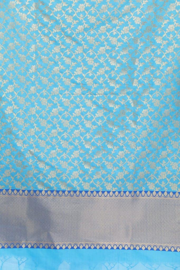 Cyan-Blue Banarasi Brocaded Zari Thread Dupatta with Floral Weave view 4