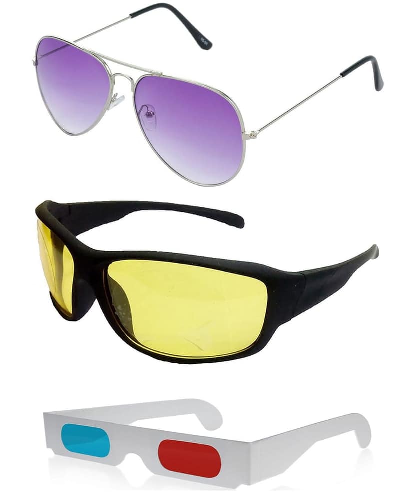 HRINKAR Pilot And Sports Stylish Sunglasses For Men And Women (Purple And Yellow Lens | Silver And Black Frame - HCMB185) With Free Paper 3D Glass