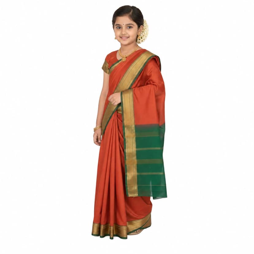 Mom and Me Girls Belgaon Silk Pre-Stitched Saree (Golden Zari Border, Orange-Green)