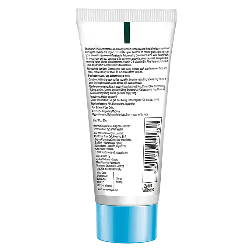 Everyuth Naturals Rejuvenating Face Pack - Cucumber & Aloe Vera, No Harmful Chemicals, 50 G Tube view 2