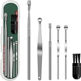 6-Piece Ear Wax Removal Kit, Reusable Stainless Steel Ear Cleaning Tools with Storage Box, Spiral Ear Curette with Cleaning Brush (Ear wax cleaner)