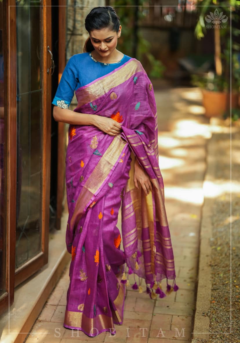 Light Purple Linen Saree with Embroidery | Shobitam Saree view 2