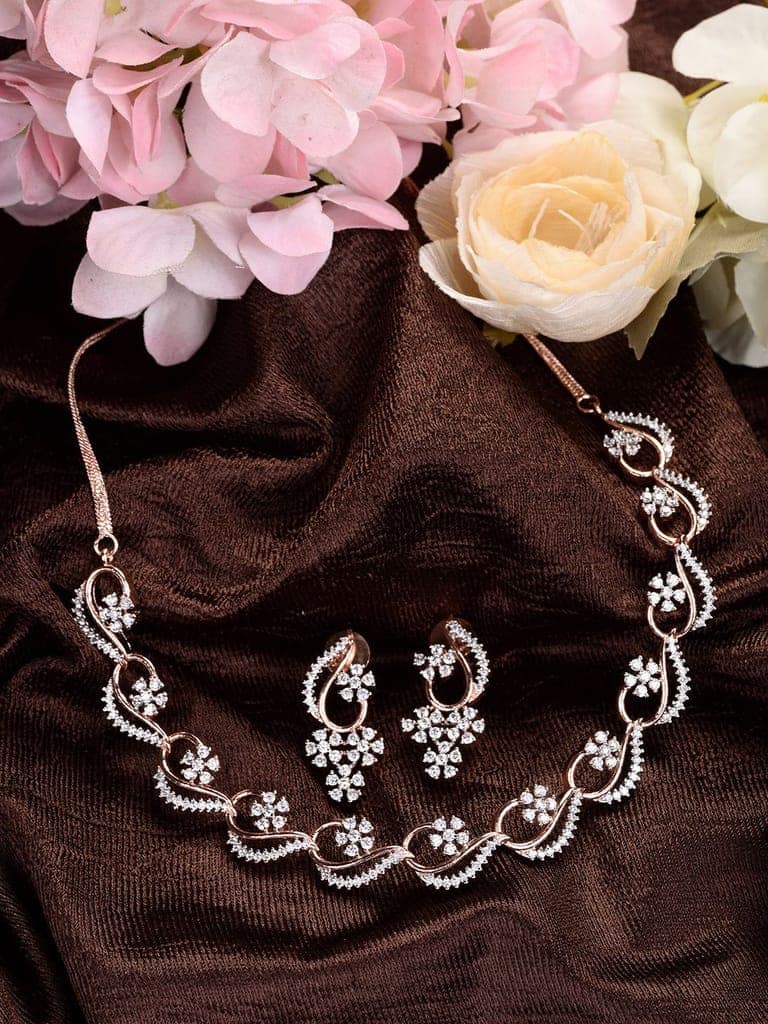 Rosegold Plated AD studded Necklace Earrings Jewellery Set view 3