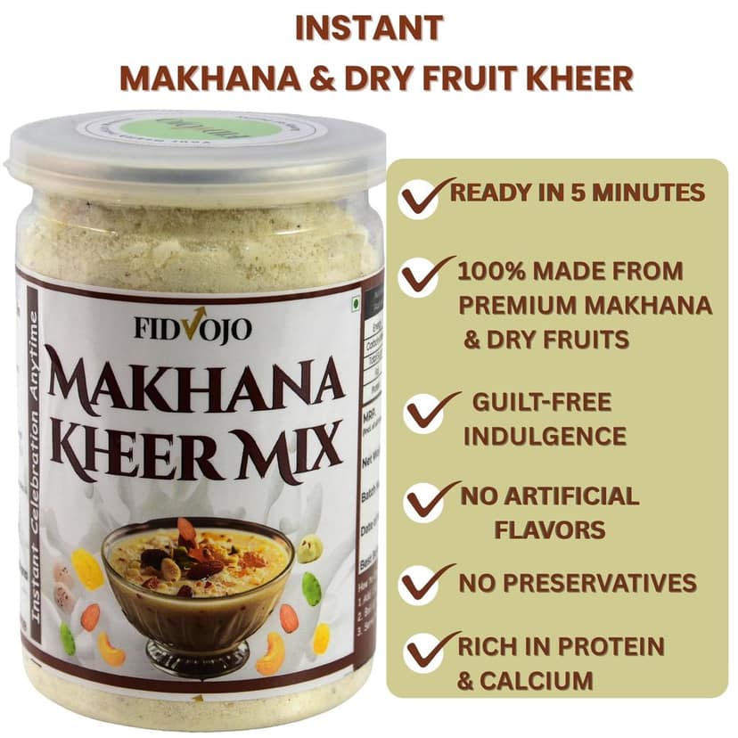 FIDVOJO Premium Instant Makhana Kheer MIX | Ready-to-Cook Dessert with Roasted Makhana & Dry Fruits | Just Add Milk & Cook in 5 Mins | Vrat & Fasting Special | Healthy Gluten-Free Sweet Dish (130g) Pack of 1 view 6