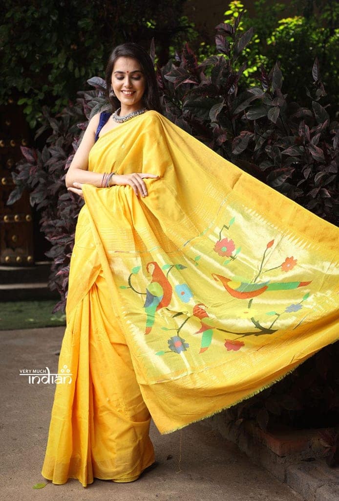 Utsaav ~ Traditional Handloom Cotton Paithani in Beautiful Yellow with Trending 3 Parrots Pallu