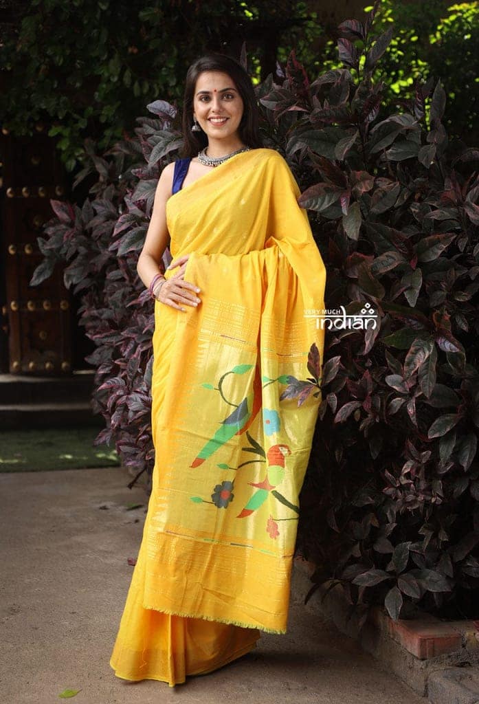Utsaav ~ Traditional Handloom Cotton Paithani in Beautiful Yellow with Trending 3 Parrots Pallu view 3