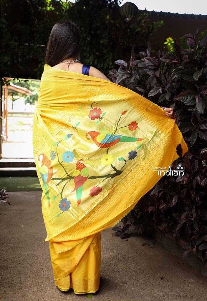 Utsaav ~ Traditional Handloom Cotton Paithani in Beautiful Yellow with Trending 3 Parrots Pallu view 4