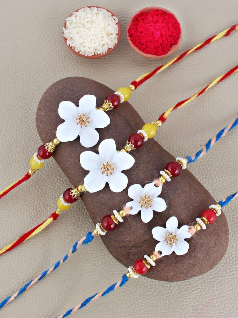 Lucky Jewellery Designer White Color Floral Rakhi - Rakshabandhan Rakhee Bracelet for Brother/Bhaiya/Bhai/Bhabhi - Pack of 4 (170-CHR1-1211-W-4) view 2