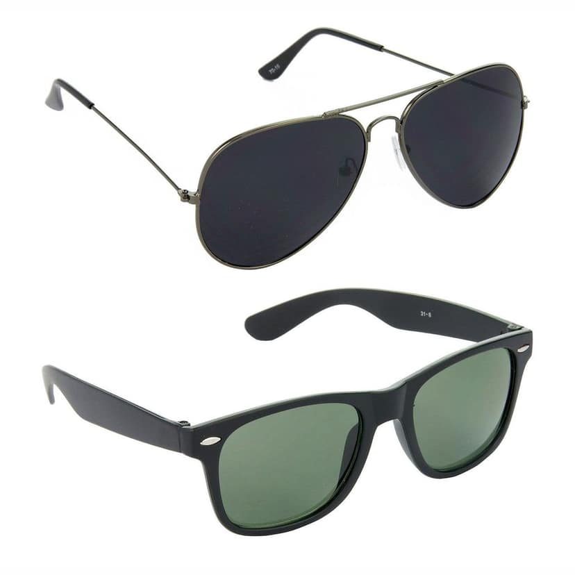 HRINKAR Men Women Boys & Girls Pilot Sunglasses Grey & Black Frame, Black & Green Lens (Medium) Pack of - 2
