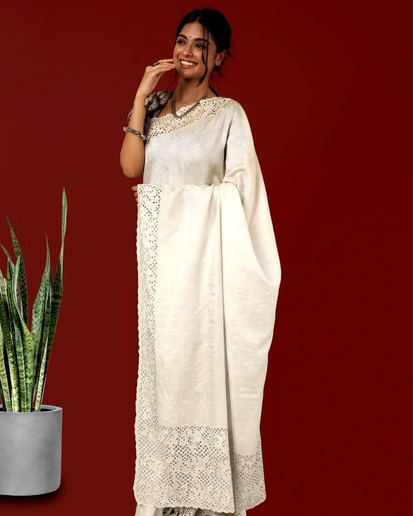 Silkmark Certified Pure Tussar Hand Cutwork Beige Saree (Tussar by Tussar Fabric)-9328 view 2