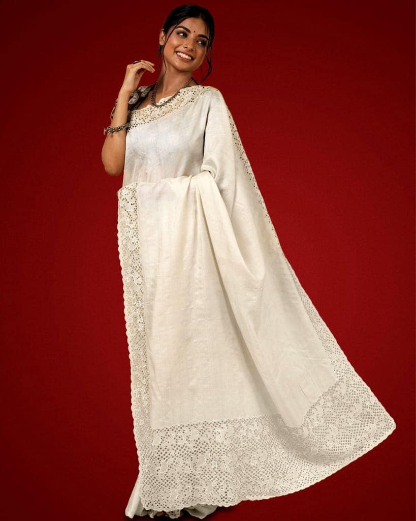 Silkmark Certified Pure Tussar Hand Cutwork Beige Saree (Tussar by Tussar Fabric)-9328 view 3