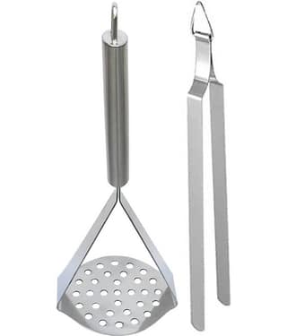 JISUN G6T Stainless Steel Potato Masher/Pav Bhaji masher/ Vegetable Masher and Tong Roti Sekne Chimta Silver Kitchen Tool Set (Silver)