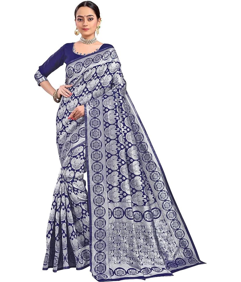 Sariya Jacquard Woven Saree With Unstitched Blouse Piece ( Navy Blue )