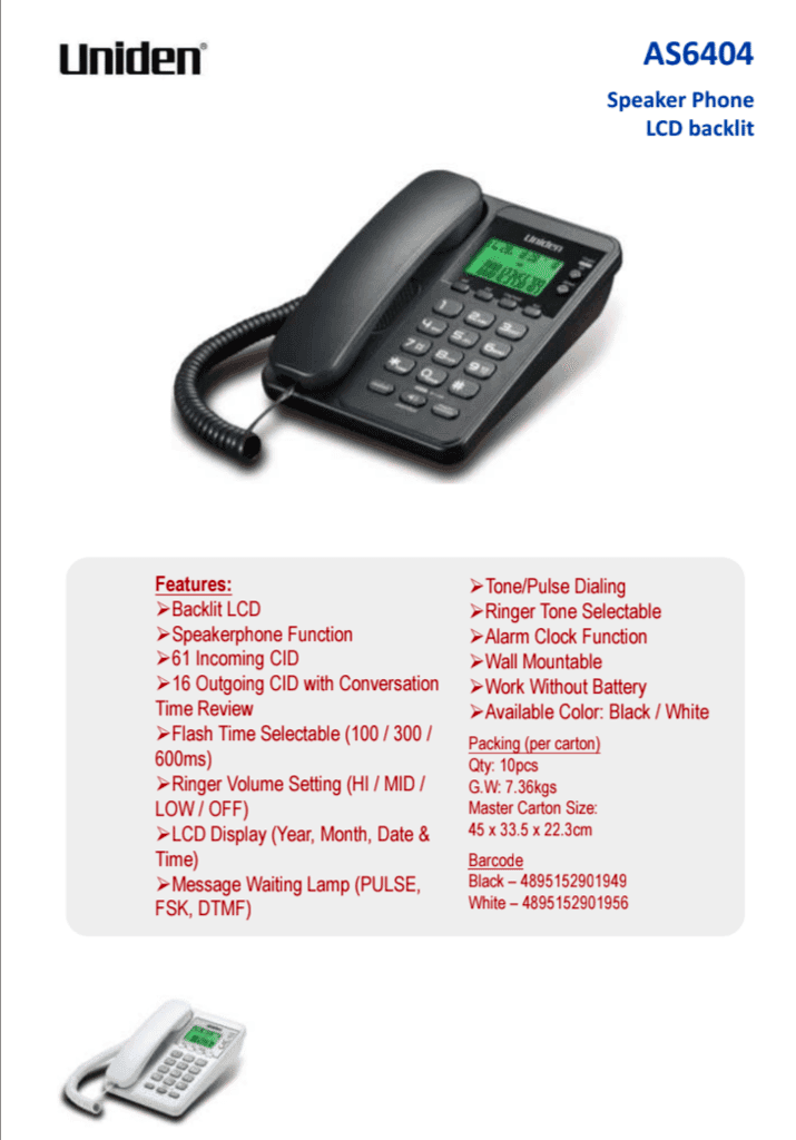 Uniden AS6404 Landline Corded Phone with Backlit LCD & Speakerphone view 3