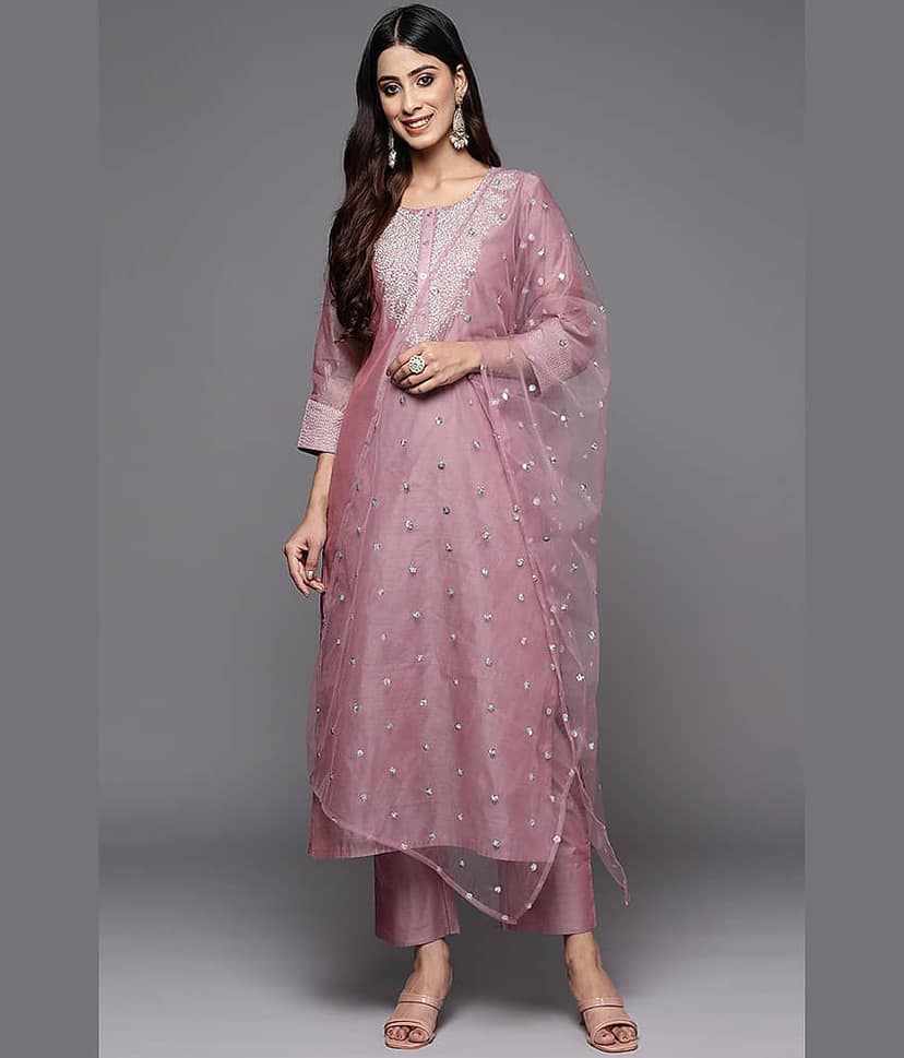 VARNI VESH Cotton Blend Embroidered Kurti With Pants Women's Stitched Salwar Suit - Mauve ( Pack of 1 )