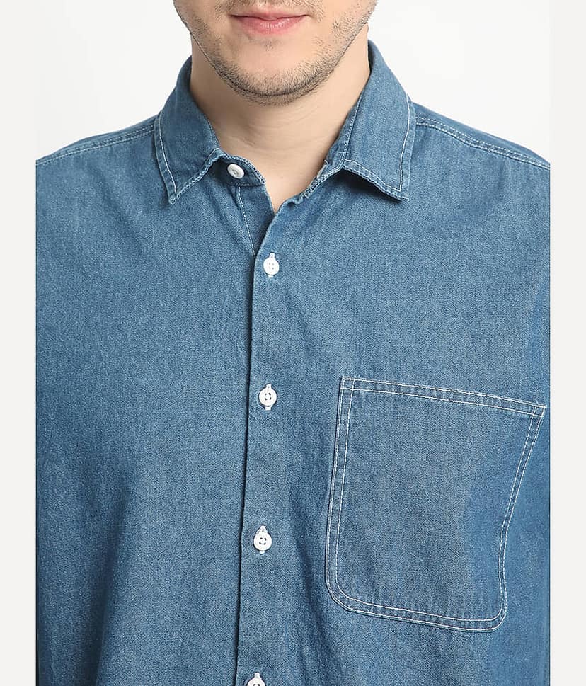 Bene Kleed Boxy Fit Opaque Half Sleeve Denim Shirt With Contrast Stitch view 2