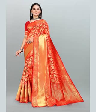 Om Shantam Sarees Banarasi Silk Embellished Saree With Unstitched Blouse Piece ( Red )