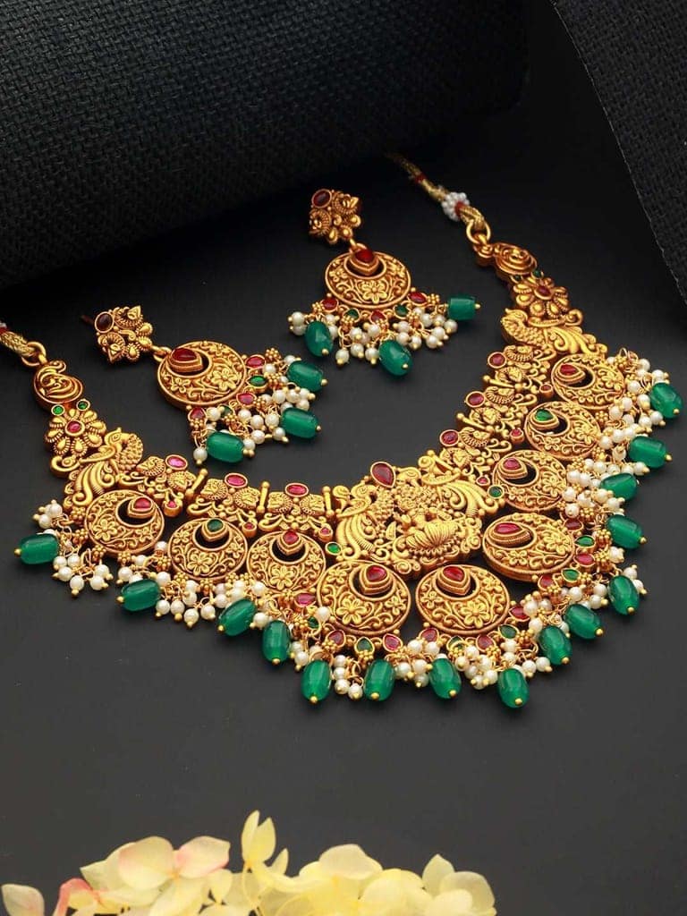 Gold Plated Red & Green Studded Lakshmiji Temple Pendant Jewellery Set view 2