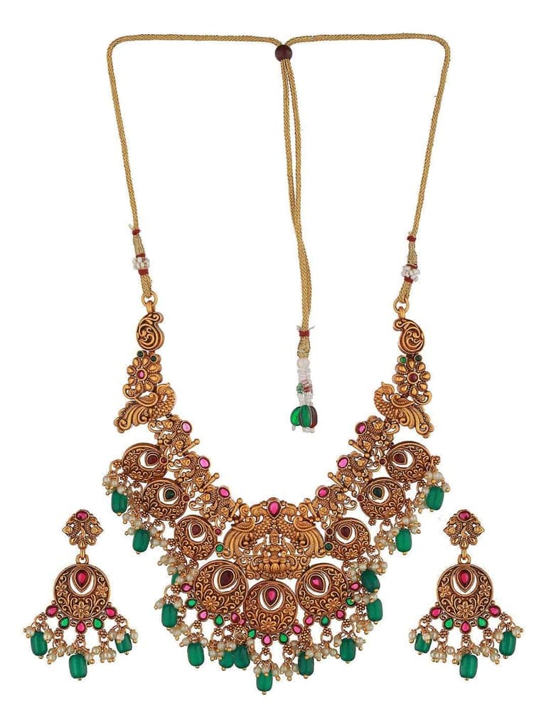 Gold Plated Red & Green Studded Lakshmiji Temple Pendant Jewellery Set view 3