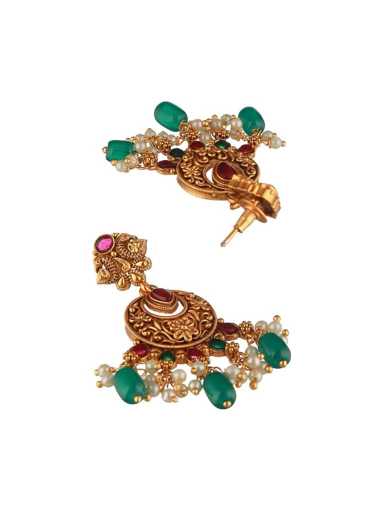 Gold Plated Red & Green Studded Lakshmiji Temple Pendant Jewellery Set view 5