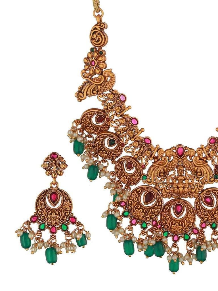 Gold Plated Red & Green Studded Lakshmiji Temple Pendant Jewellery Set view 7