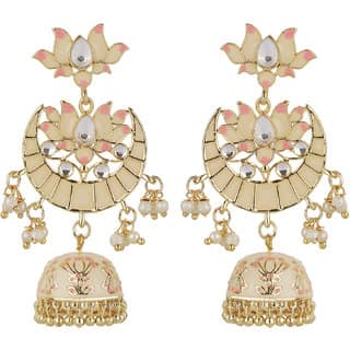 Small Lakshmi Lotus Chand Baali Earrings Golden Pink Brass Alloy Copper Material Earrings for Women's Fashion Jewelry