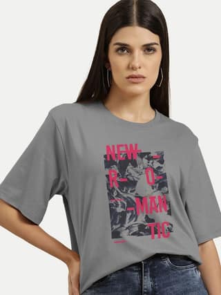 Women Printed Dark Grey T-shirt