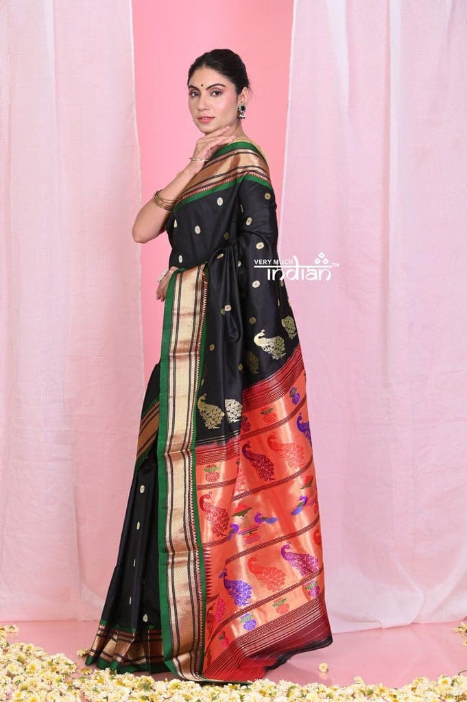 Pehal~Traditional Adequate Black Pure Silk Paithani with Exclusive Peacock Pallu view 2