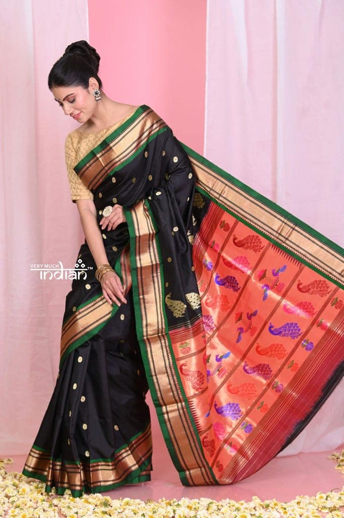 Pehal~Traditional Adequate Black Pure Silk Paithani with Exclusive Peacock Pallu view 3