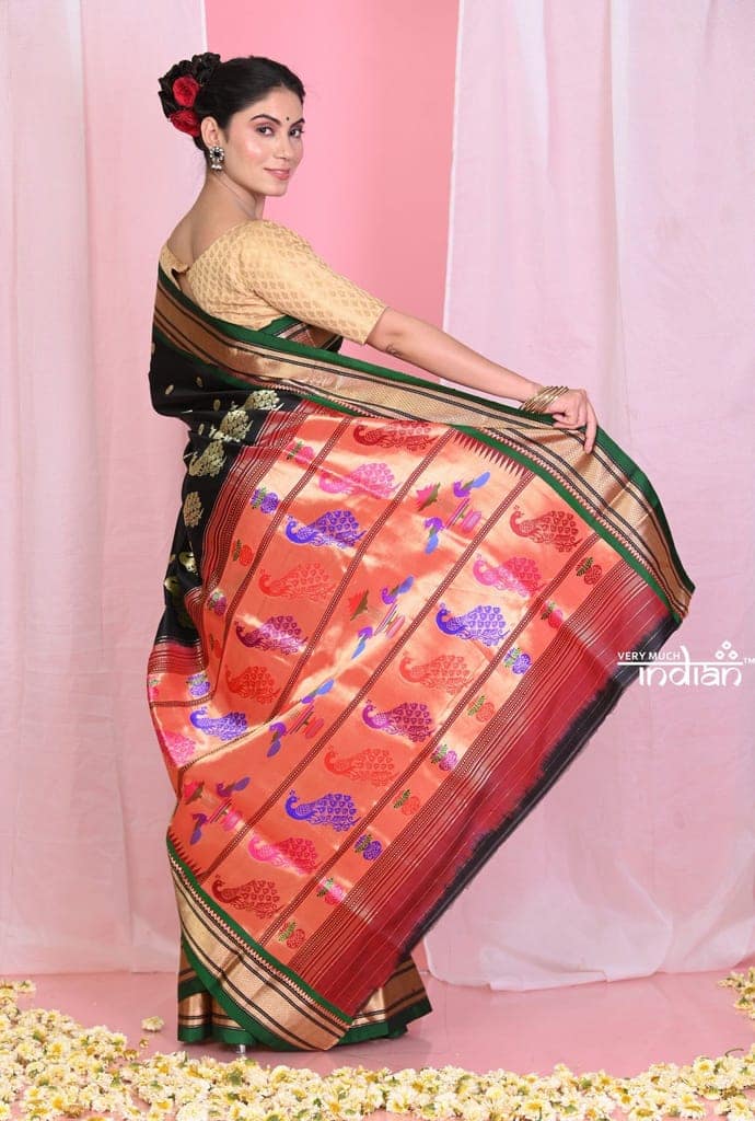 Pehal~Traditional Adequate Black Pure Silk Paithani with Exclusive Peacock Pallu view 4