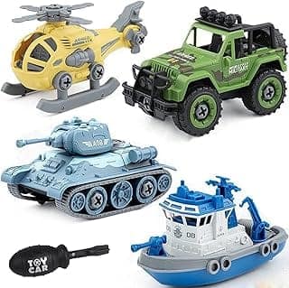 Kiddie Galaxia® Military Army Foldable Vehicles Car Toy 4 Pack with Screwdriver Toy, DIY Kids STEM Toys Including Helicopter,Car,Tank and Boat for Toddlers Birthday Gifts for Boys 2 3 4 5 6 Year