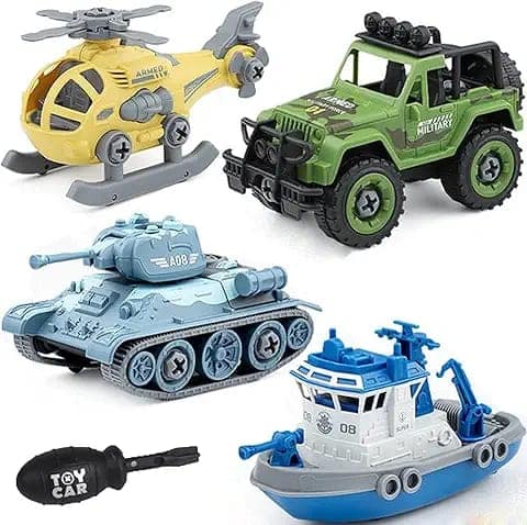 Kiddie Galaxia® Military Army Foldable Vehicles Car Toy 4 Pack with Screwdriver Toy, DIY Kids STEM Toys Including Helicopter,Car,Tank and Boat for Toddlers Birthday Gifts for Boys 2 3 4 5 6 Year view 2