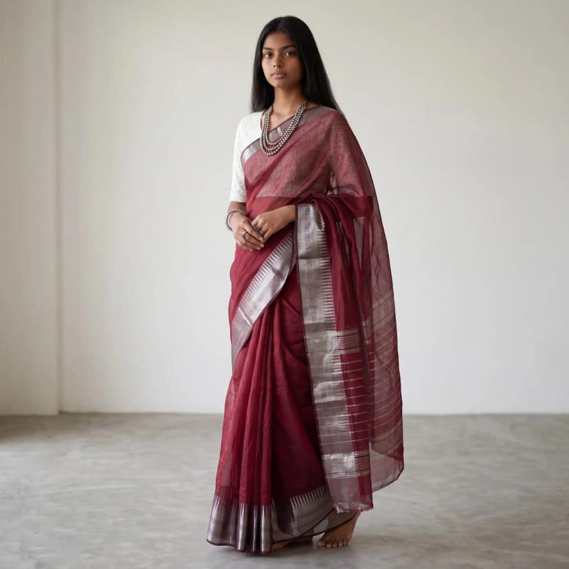 Mangalgiri Wine Red Silk Cotton Saree Temple Zari Border view 2