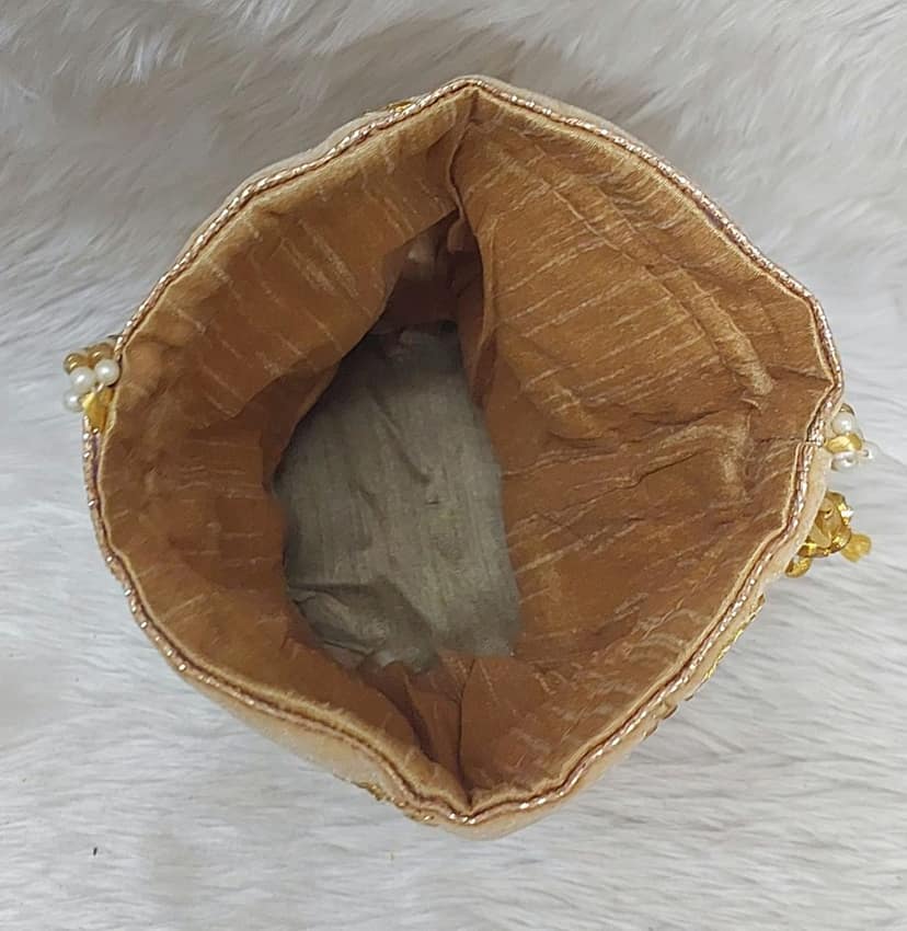 Elegant Beige Embroidered Potli Bag with Pearl Handle view 3