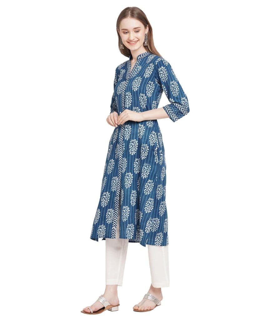 "Neel Phul" indigo handcrafted pure cotton kurta for women view 4
