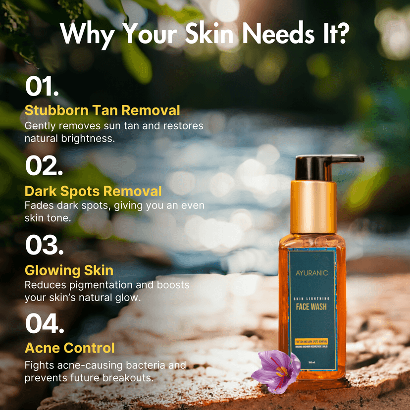 Ayuranic Tan & Dark Spots Removal Ayurvedic Face Wash For Glowing & Even Skin Tone | Kesar Oil, Rose Water, Haldi For Oily & Acne Prone Skin | For Men & Women | (11 Natural Herbs, 100 ml) view 4
