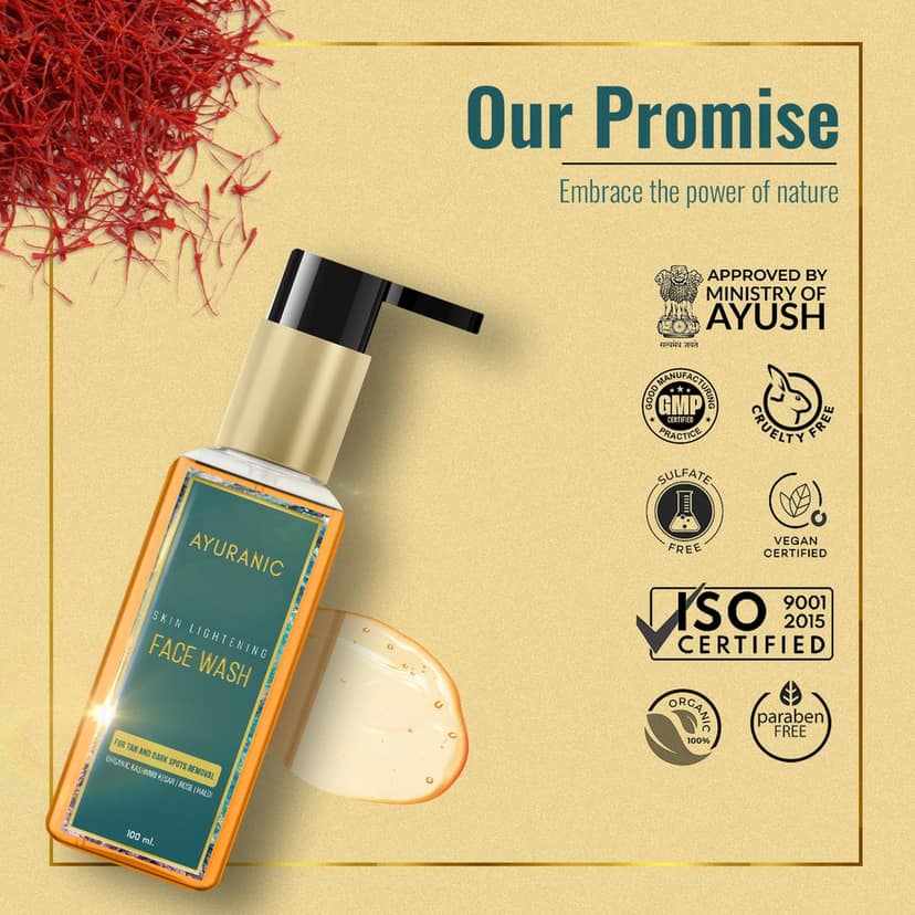 Ayuranic Tan & Dark Spots Removal Ayurvedic Face Wash For Glowing & Even Skin Tone | Kesar Oil, Rose Water, Haldi For Oily & Acne Prone Skin | For Men & Women | (11 Natural Herbs, 100 ml) view 6