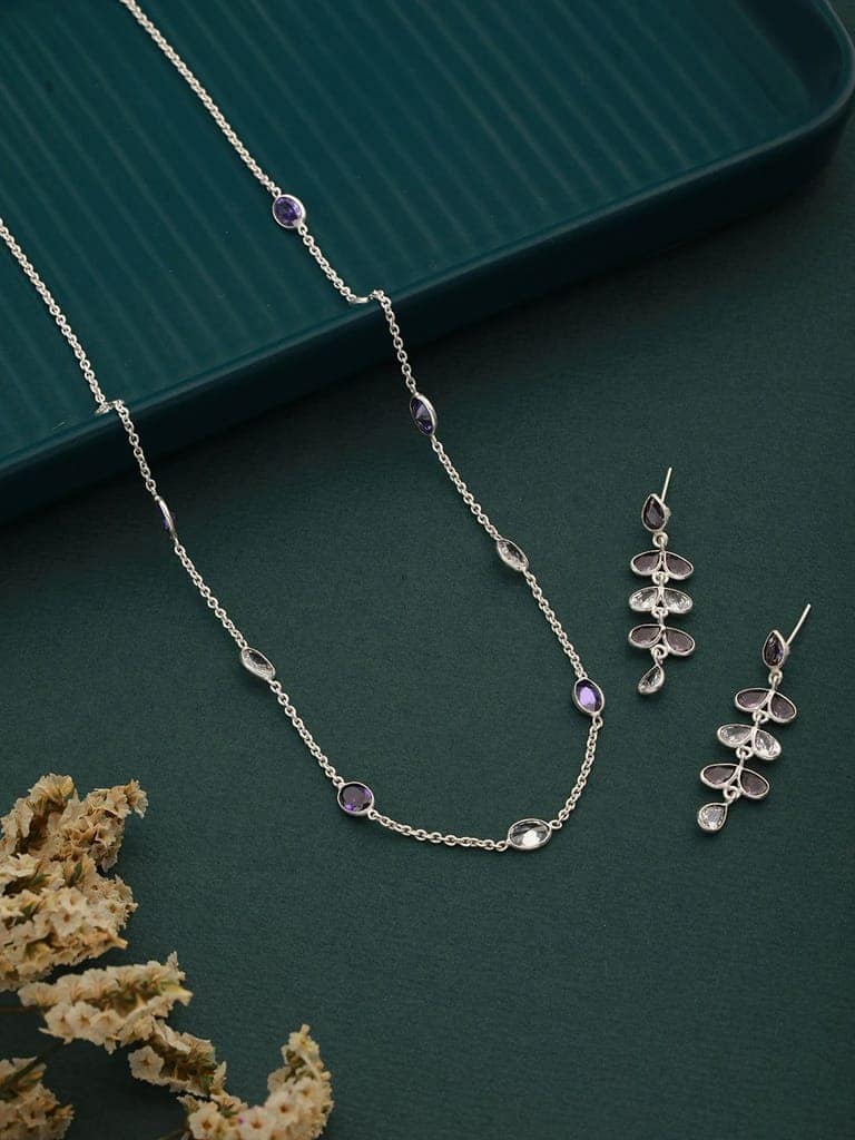 Silver Toned Amethyst Purple Minimal Necklace With Floral earrings Jewellery Set view 2